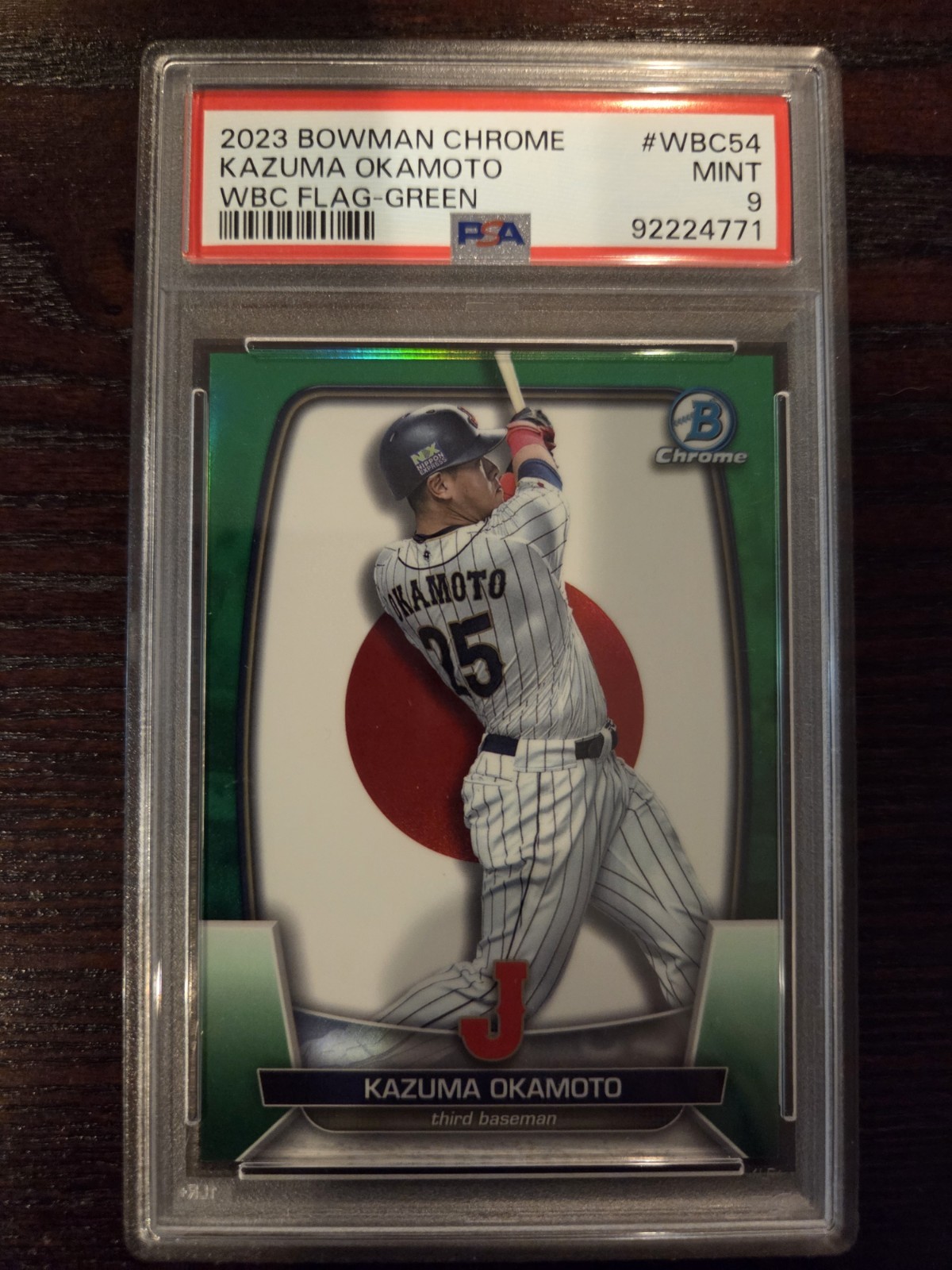 Kazuma Okamoto 2023 Bowman Chrome #WBC-54 WBC Green Refractor Flag /99 PSA 9