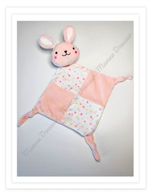 Doudou Plat Lapin Blanc Rose Fleurs Jaune Vert Noeud Attache Tétine Tom Et Kiddy - Photo 1/3