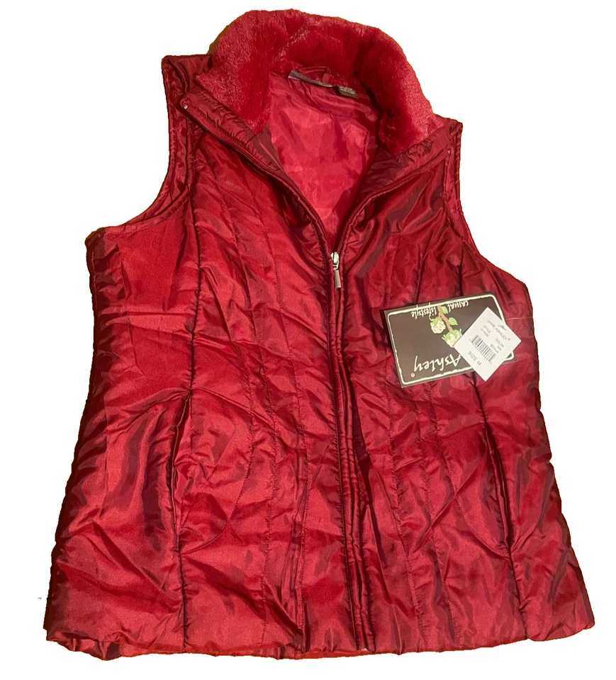 Jane Ashley Red Metallic Quilted Vest with Faux Fur Trim Size MEDIUM Ski Lodge - Image 2 of 4