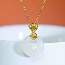 S925 Silver White Jade Peace Ring Pendant With Fu Coin And Gift Box