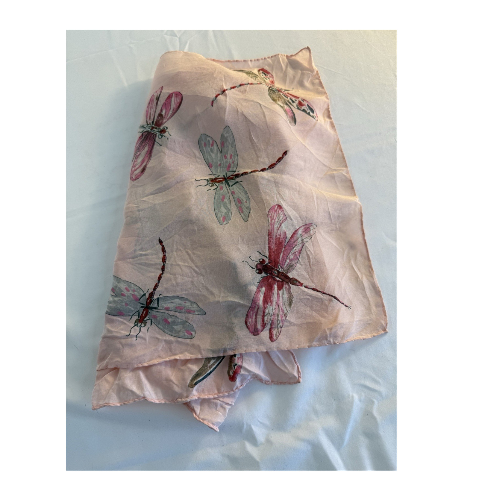 Women’s Pink Dragonfly Print Rectangle Scarf Wrap, Polyester Chiffon