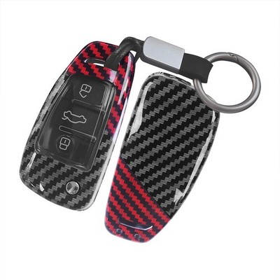 For Audi A1 A3 S3 Q3 Q7 TT Red Carbon Fiber  Flip Key Fob Case Shell Cover Chain