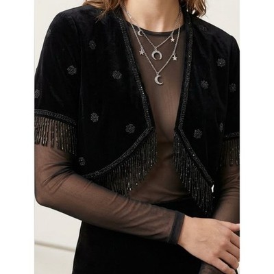 Marina Black Velvet Beaded Fringe Bolero | 90s Y2K Whimsigoth | Size M
