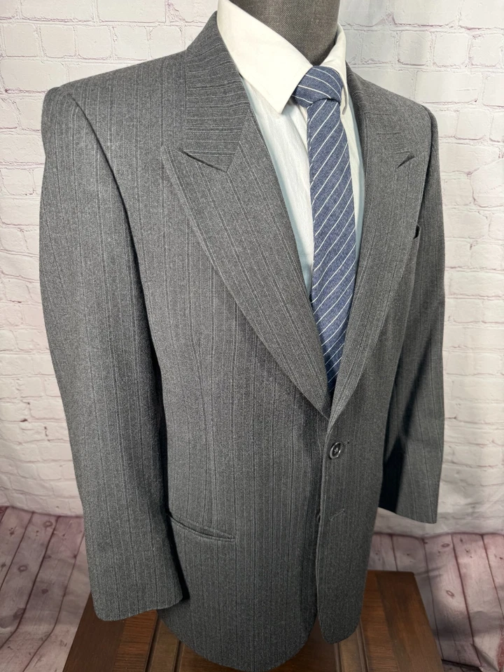 PIERRE CARDIN Hombres Gris Rayas Lana Pico Solapa Abrigo Deportivo Blazer Chaqueta 38S Foto 3 de 4