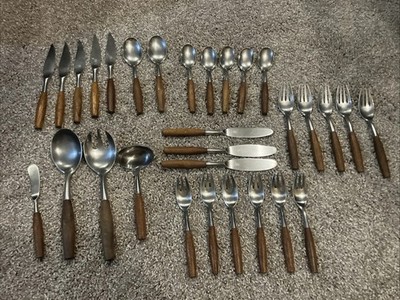 DANSK Fjord Germany Teak Wood Stainless 30 Piece Flatware & Serving Set RARE