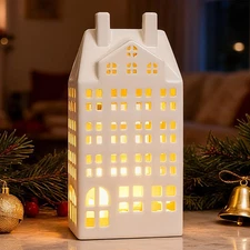 DN DECONATION Light Up Christmas Decor Village Sets, White Ceramic House with...