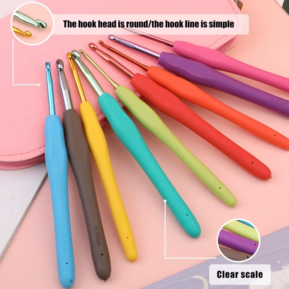 Soft Handle 9 PCS Set Crochet Hooks Needles Knit Yarn Weave Craft Aluminum