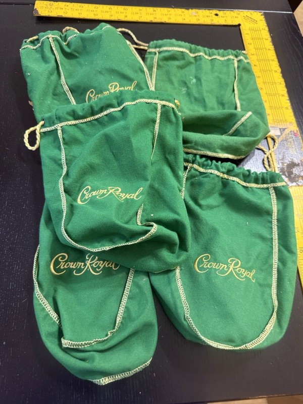 Crown Royal Royale Old Vintage Green Yellow Cloth Drawstring Bag Lot Five 5 Bags