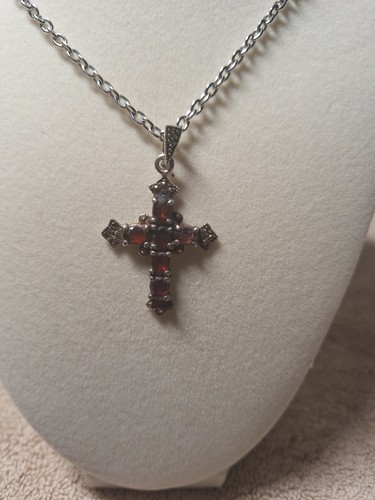 925 sterling silver garnet marcasite cross pendant chain not included