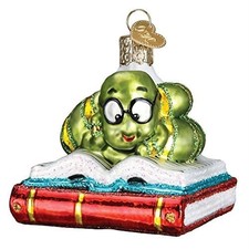 Old World Christmas Glass Blown Ornament, Bookworm With OWC Gift Box 