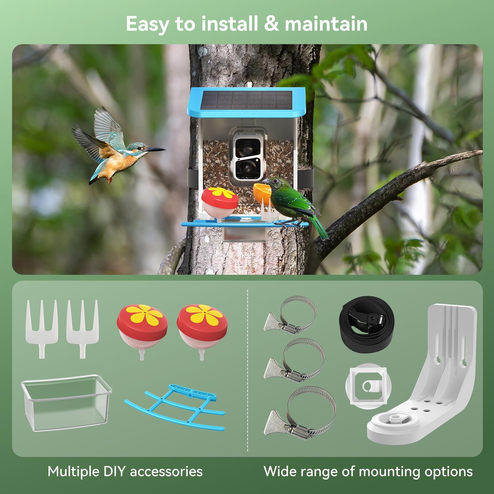 Smart Bird Feeder with Camera, Solar Bird Feeder - 2K HD Live Video Camera AI