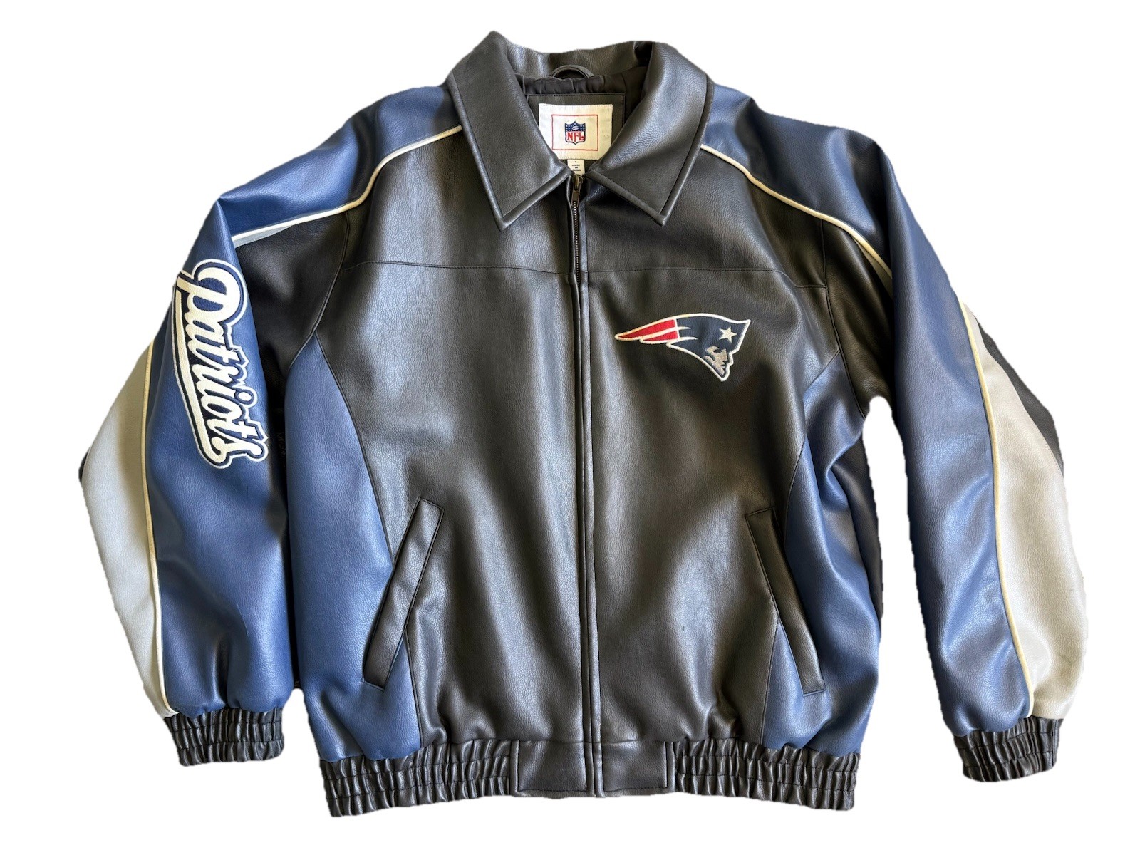 Vintage NFL New England Patriots Faux Leather Jacket Embroidered Logo Mens L