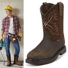 NINGO Men Steel Toe Waterproof Work Boots Leather Square Toe Western Cowboy Boot
