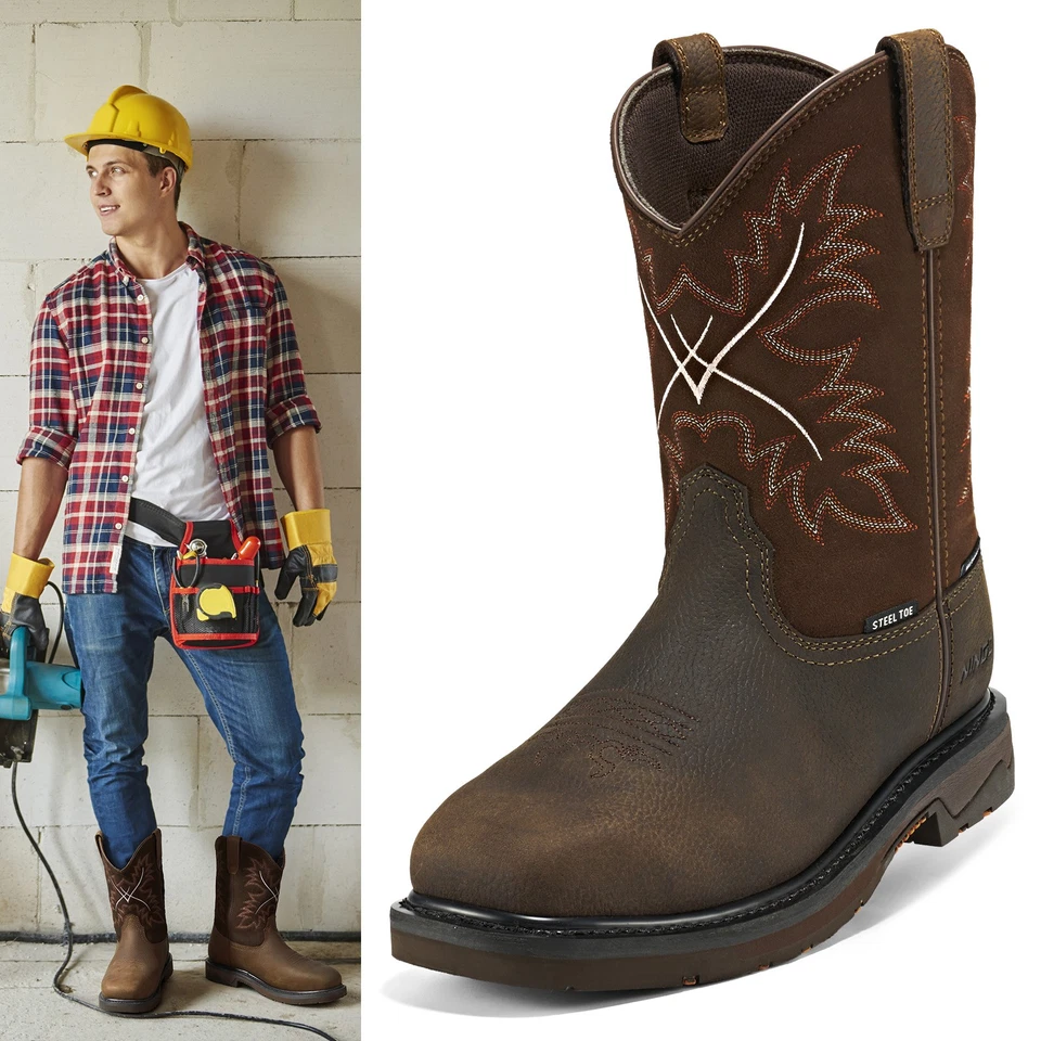 NINGO Men Steel Toe Waterproof Work Boots Leather Square Toe Western Cowboy Boot