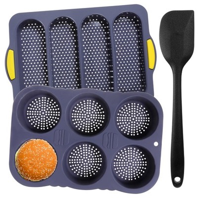 3 PCS Silicone Baguette and Hamburger Bun Pan Set With Scraper Molds