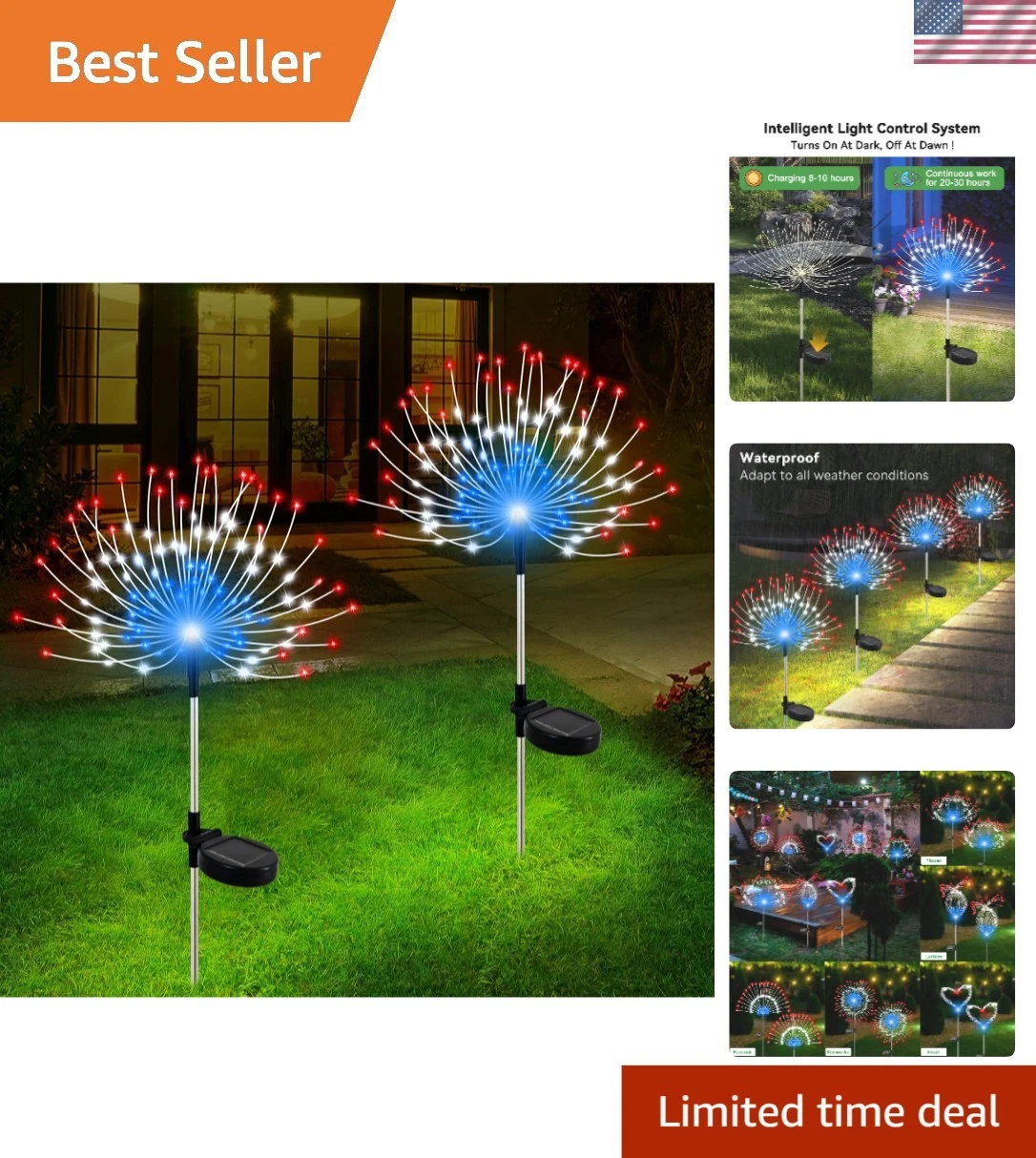 2 Pack Solar LED Firework Lights - Waterproof, Decorative for Garden Parties