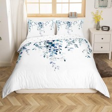Navy Blue Eucalyptus Duvet Cover Queen, Watercolor Plant Leaves Bedding Set B...