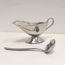 Small Stainless Steel Vintage Gravy Boat Sauce Boat on Pedestal with Ladle Italy