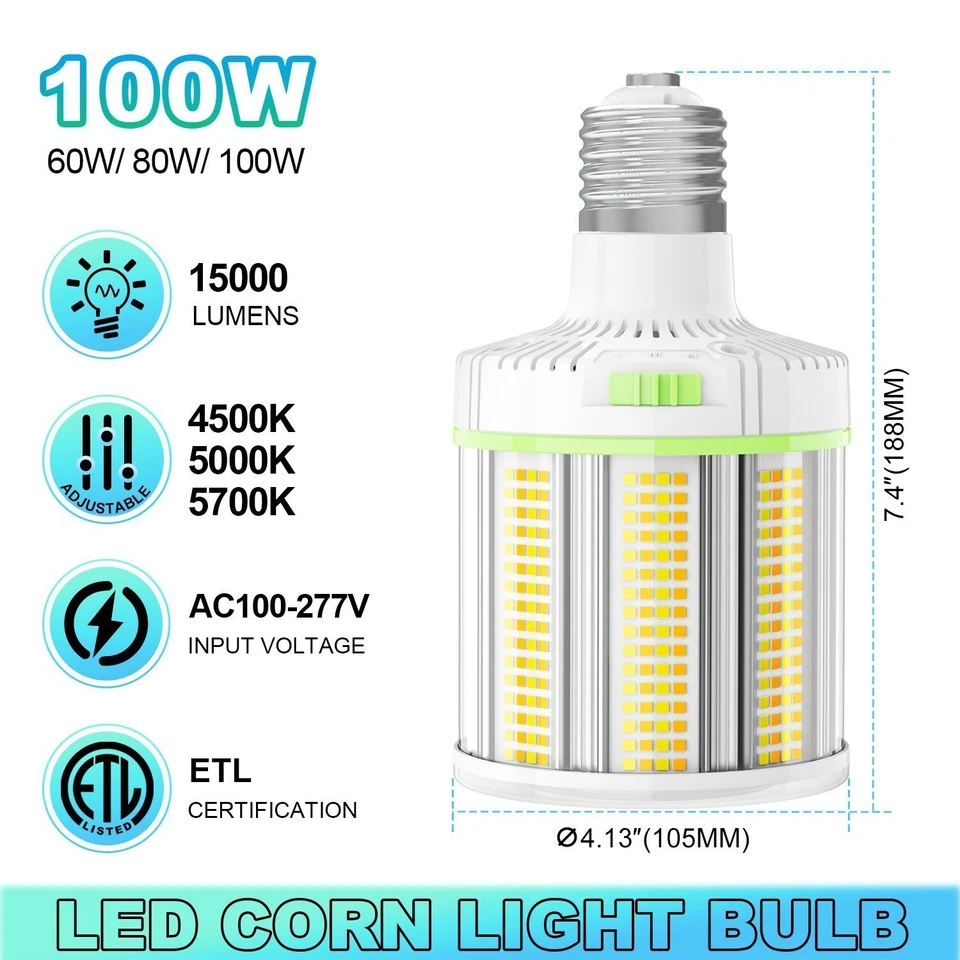 4500/5000/5700K LED Corn Light Bulb 100W 15000LM Outdoor Indoor Garage Warehouse - Image 2 of 4