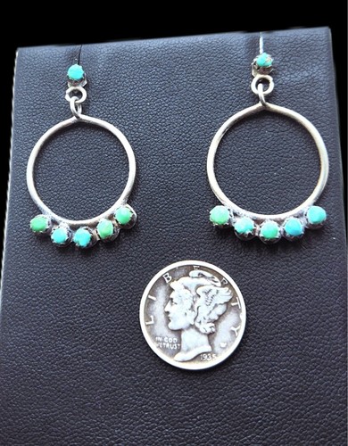 Vintage 1970’s Navajo Snake Eye Turquoise Sterling Silver Hoop Dangle Earrings - Picture 6 of 7