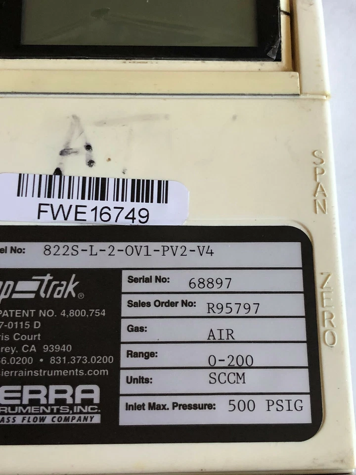 SIERRA INSTRUMENTS 822S-L-2-OV1-PV2-V4 GAS MASS FLOW METER W/ DIGITAL DISPL,DE - Image 2 of 4