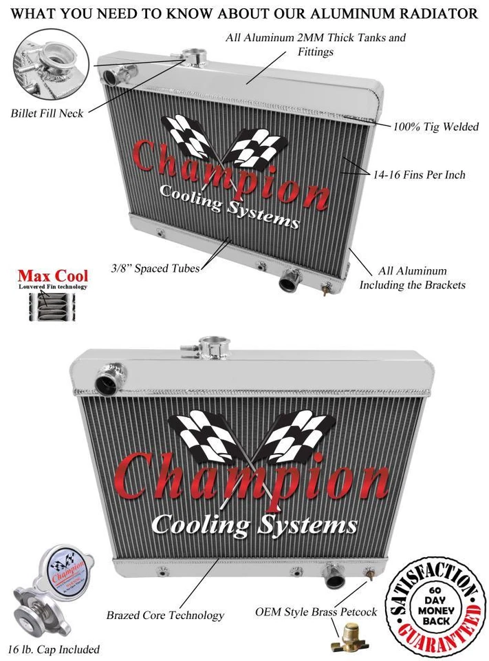 Radiador 4 filas RS Champion #1680 para motor Pontiac GTO V8 1965 1966 1967 Foto 3 de 4