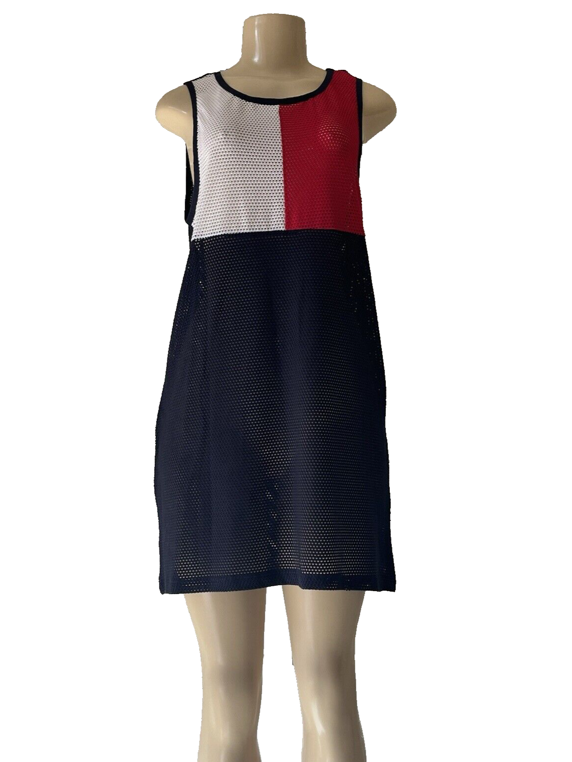 Tommy  Hilfiger Swim Dress Cover-Up Color Block Mesh Navy Blue Red White S/M