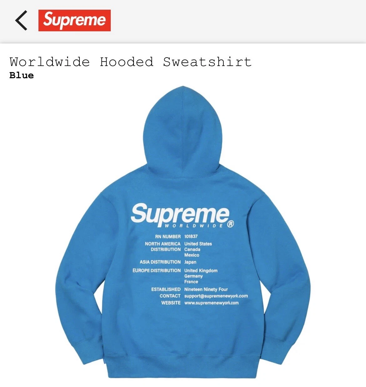 Sweat shirt à capuche Supreme Worldwide