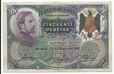 P82 1931 Spain 50 peseta note with Spain Coat of Arms stamp (world/lot)