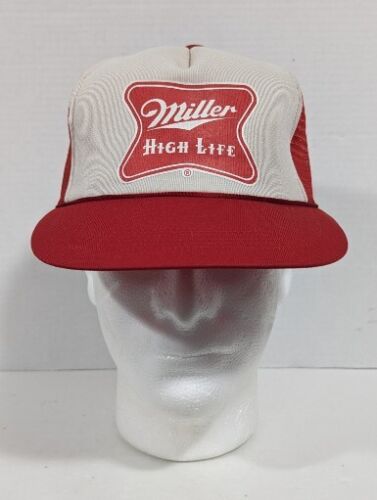 Vintage Miller High Life Erwachsene Trucker Seil Druckknopflasche Mütze Kappe Werbung rot weiß  - Bild 1 von 5