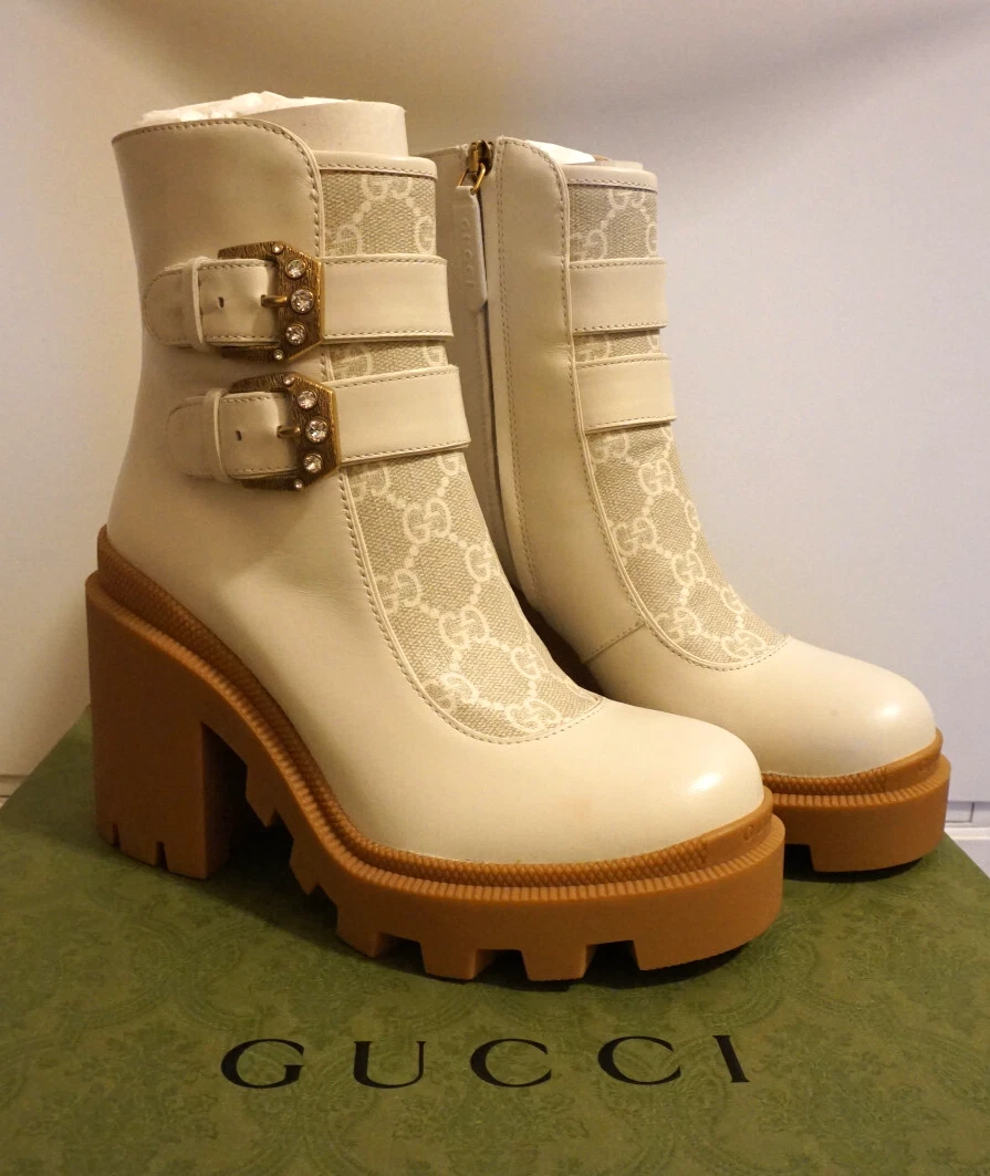 Gucci — NEW GUCCI BOOTS GG CANVAS & LEATHER ANKLE BOOTIES w CRYSTAL BUCKLE 34/ 4
