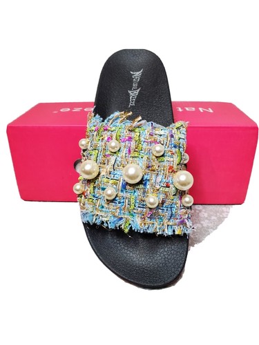Nature Breeze~Fluff 11 Women's Shoes Beaded Open Toe Slide Sandals 8.5 Blue~NIB