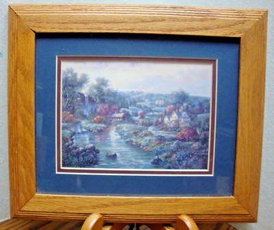 Oak Wood Framed Wall Art 3-D Blue/Burgundy Matted 10.5''x12.5'' Cottage Scene  954