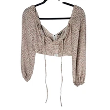 Shein Womens Sz S White Pink Floral Long Sleeve Crop Top Blouse