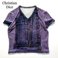 USED CHRISTIAN DIOR GALLIANO VELVET DENIM PATTERN CUT-AND-SEW TOP, SIZE 38 VER