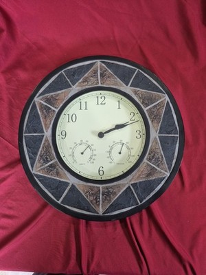14'' Faux Stone Wall Clock With Temperature And Humidity Dials Tested Good