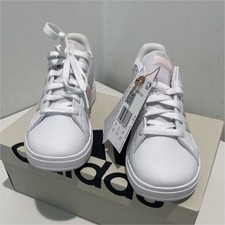 adidas Grand Court 2.0 K White Pink Green Kids Sneakers US 2.5 Striped Logo