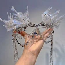 Mermaid Tiara Tassel Forehead Crown Bridal Hair Piece 12" / 30cm Silver Headband