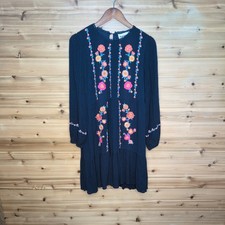 Savanna Jane Navy Blue Floral Embroidered Boho Tiered Mini Dress Small 93794