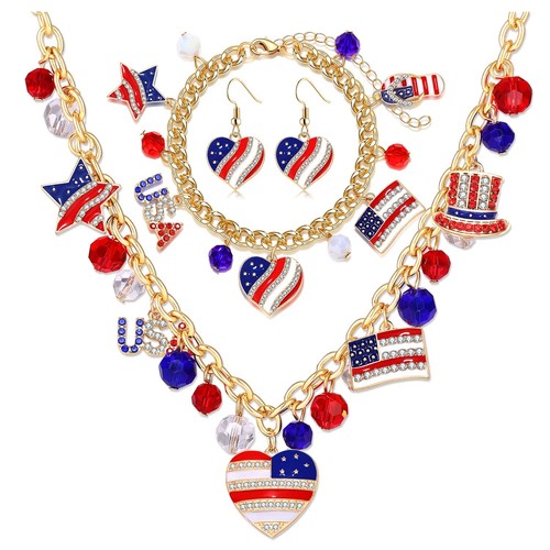 4th of July Jewelry Set American Flag Charm Choker Necklace Bracelets Heart