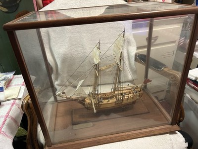 Schooner, Colonial 1768, Detailed Model Ship, Sails, Rigging, In Glass Case
