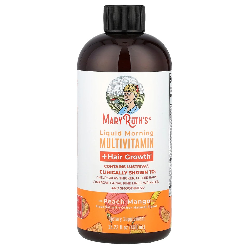 Liquid Morning Multivitamin + Hair Growth, Peach Mango, 15.22 fl oz (450 ml)