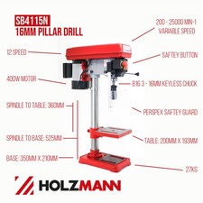 Holzmann Pillar Drill 16mm SB4115N Bench Mount 400W 230V 9-Speed Workshop Tool