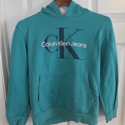 Calvin Klein Jeans Girls Green Pullover Hoodie L (14/16) Logo Graphic Pockets