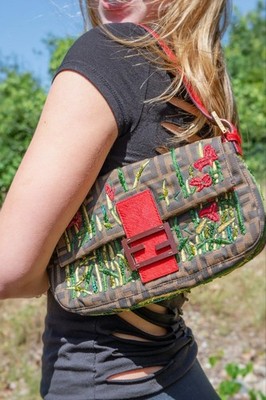 Rare Vintage Fendi Zucca FF Embroidered Beaded Baguette Bag | Red