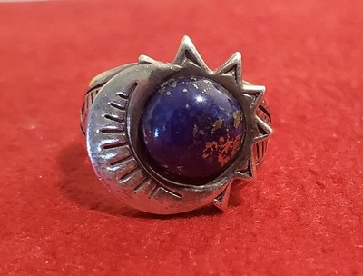 Vintage Sonne & Mond & dunkelblauer Lapislazuli Sterlingsilber 925 Ring - Größe 6