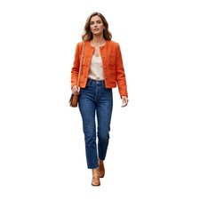 Rachel Zoe Orange Boucle Tweed Cropped Blazer Gold Basket Weave Button Front M