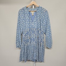 Jessica Simpson Womens Blue White Tiered Boho Mini Dress Size L Cotton