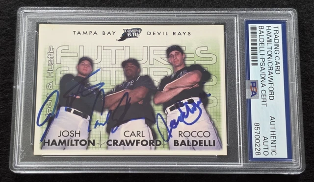 JOSH HAMILTON-CARL CRAWFORD-ROCCO BALDELLI signierte Karte-TAMPA BAY RAYS-PSA