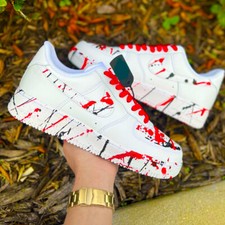 Air Force 1 Custom White Shoes Red & Black Comic Rebel Splatter with Red Laces